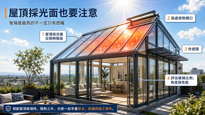 玻璃屋最熱的不一定只有西曬,屋頂採光面也要注意