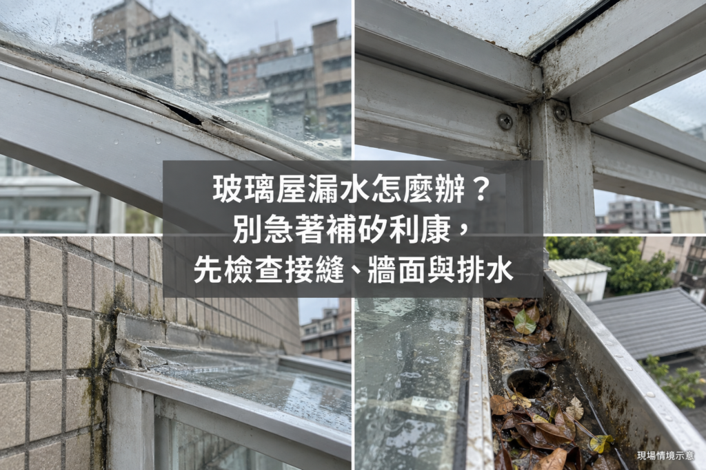玻璃屋接縫、鋁骨架交接、牆面收邊及排水槽堵塞的 AI 現場情境示意圖